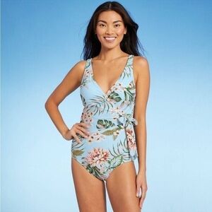 Kona Sol One Piece Blue Hawaiian Palm Floral Swimsuit NWT Size XL 16-18